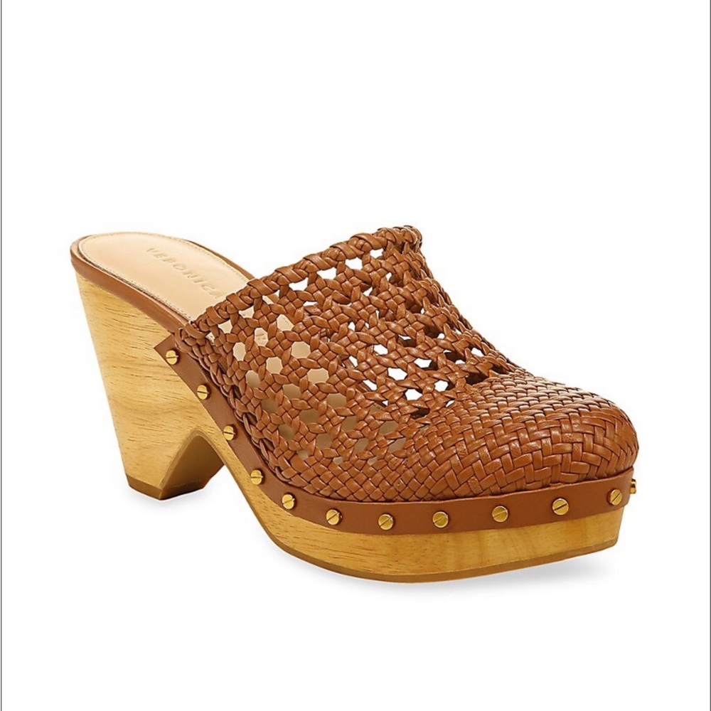 Veronica Beard Woven Leather Clog Mules in Cognac Brown